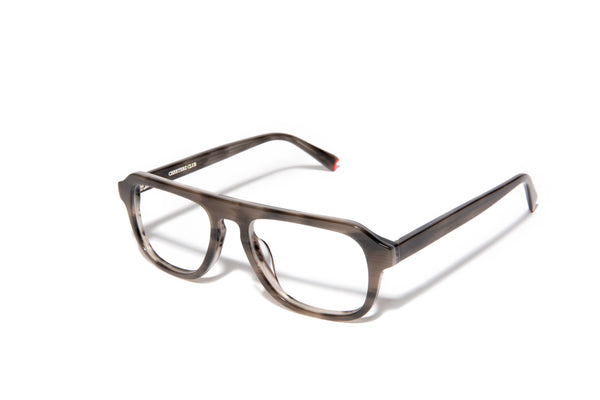 Image of Cheeterz Club eyewear. Photo of retro rectangle eyeglasses with clear lenses and blue light blocking technology. The frames are medium width with gray and brown color. Suitable for round, oval, and oblong face shapes. These glasses can be used as reading glasses with blue light glasses.