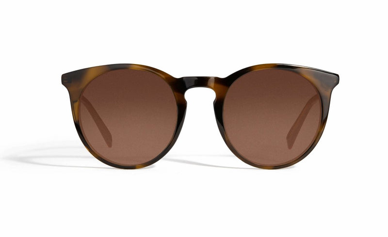 Image of Cheeterz Club eyewear. Photo of retro classic round sunglasses with brown tinted lenses. The frames are medium width and light and dark brown color. Suitable for square, oval, and oblong shaped face shapes. 