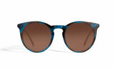 Image of Cheeterz Club eyewear. Photo of retro classic round sunglasses with brown tinted lenses. The frames are medium width and cobalt blue and black color with marble print. Suitable for square, oval, and oblong shaped face shapes. 