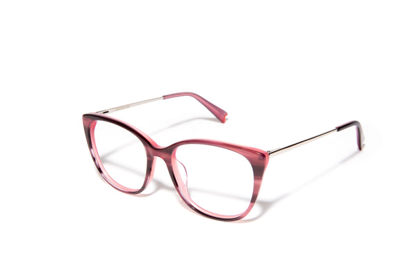 Image of Cheeterz Club eyewear. Photo of cat eye eyeglasses with clear lenses and blue light blocking technology. The frames are small width with hibiscus pink color and hues of red, suitable for square, oval, and heart shaped face shapes. These glasses can be used as reading glasses with blue light glasses.