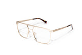 Image of Cheeterz Club eyewear. Photo of square eyeglasses with clear lenses and blue light blocking technology. The frames are medium width with a navigator shape and a gold color, suitable for square, oval, and round face shapes. These glasses can be used as reading glasses with blue light glasses.
