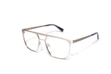 Image of Cheeterz Club eyewear. Photo of square eyeglasses with clear lenses and blue light blocking technology. The frames are medium width with a navigator shape and a silver color, suitable for square, oval, and round face shapes. These glasses can be used as reading glasses with blue light glasses.