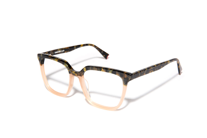 Image of Cheeterz Club eyewear. Photo of square eyeglasses with clear lenses and blue light blocking technology. The frames are medium width with a multi print of a light nude lower frame and custom laminated upper frame with colors of brown, green, grey, and gold. Suitable for round, oval, and heart shaped face shapes. These glasses can be used as reading glasses with blue light glasses.