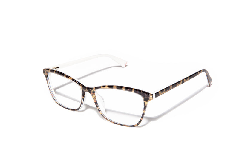 Image of Cheeterz Club eyewear. Photo of cat eye eyeglasses with clear lenses and blue light blocking technology. The frames are medium width with a cheetah print. Suitable for round, oval, and heart shaped face shapes. These glasses can be used as reading glasses with blue light glasses.