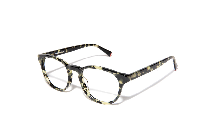 Image of Cheeterz Club eyewear. Photo of round eyeglasses with clear lenses and blue light blocking technology. The frames are medium width with green and black camo print. Suitable for square, oval, and oblong face shapes. These glasses can be used as reading glasses with blue light glasses.