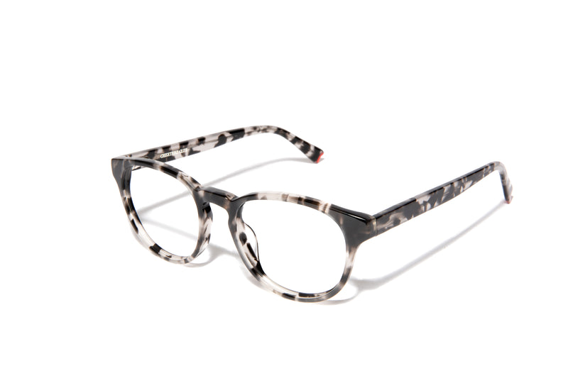 Image of Cheeterz Club eyewear. Photo of round eyeglasses with clear lenses and blue light blocking technology. The frames are medium width with silver, white, and black color and marble print. Suitable for square, oval, and oblong face shapes. These glasses can be used as reading glasses with blue light glasses.