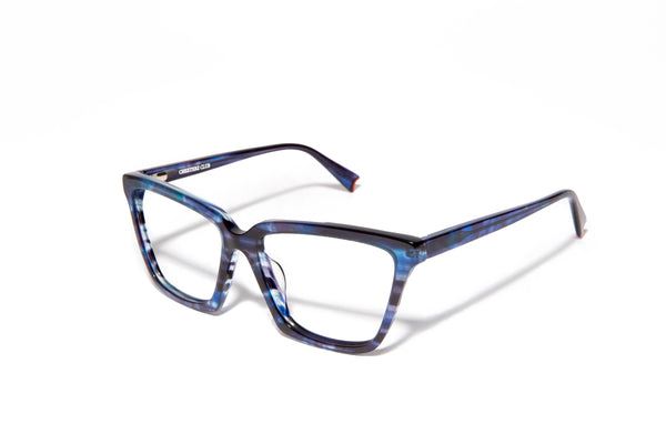 Image of Cheeterz Club eyewear. Photo of cat eye eyeglasses with clear lenses and blue light blocking technology. The frames are medium width with light and dark blue color. Suitable for round, oval, and heart shaped face shapes. These glasses can be used as reading glasses with blue light glasses.