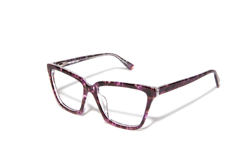 Image of Cheeterz Club eyewear. Photo of cat eye eyeglasses with clear lenses and blue light blocking technology. The frames are medium width and black and orchid purple color. Suitable for round, oval, and heart shaped face shapes. These glasses can be used as reading glasses with blue light glasses.