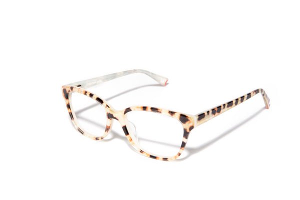 Image of Cheeterz Club eyewear. Photo of rectangle eyeglasses with clear lenses and blue light blocking technology. The frames are small width with tan and brown color and cat print. Suitable for round, oval, and heart shaped face shapes. These glasses can be used as reading glasses with blue light glasses.