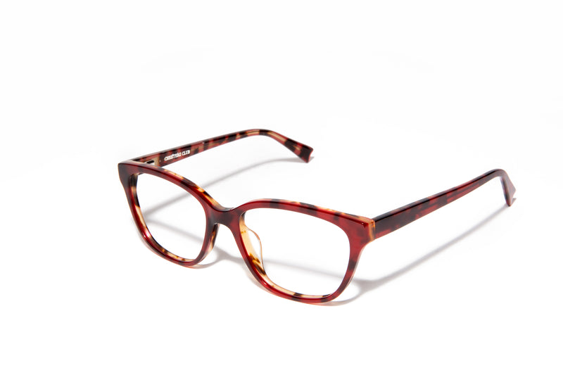 Image of Cheeterz Club eyewear. Photo of rectangle eyeglasses with clear lenses and blue light blocking technology. The frames are small width with a red color. Suitable for round, oval, and heart shaped face shapes. These glasses can be used as reading glasses with blue light glasses