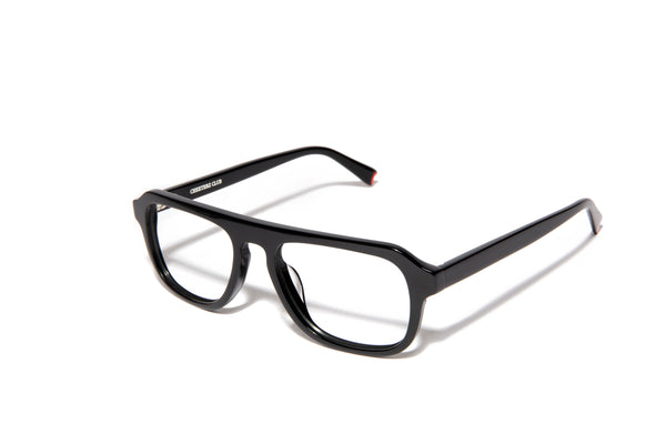 Image of Cheeterz Club eyewear. Photo of retro rectangle eyeglasses with clear lenses and blue light blocking technology. The frames are medium width and black color. Suitable for round, oval, and oblong face shapes. These glasses can be used as reading glasses with blue light glasses.