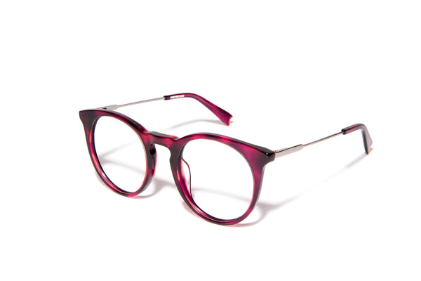 Image of Cheeterz Club eyewear. Photo of retro classic round eyeglasses with clear lenses and blue light blocking technology. The frames are medium width and mulberry, brown, and purple color with marble print. Suitable for square, oval, and oblong face shapes. These glasses can be used as reading glasses with blue light glasses.