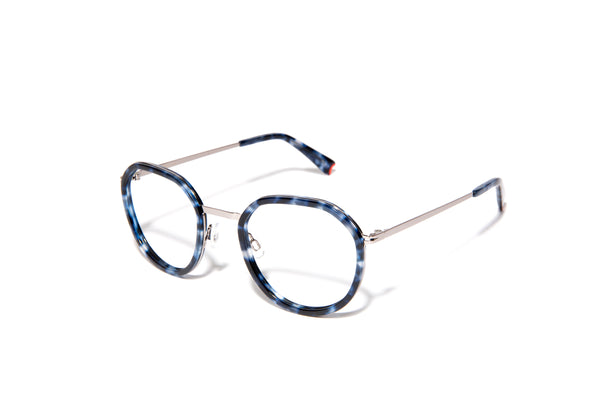 Image of Cheeterz Club eyewear. Photo of round eyeglasses with clear lenses and blue light blocking technology. The frames are small width and blue, gray, and black color and a stainless steel frame front. Suitable for square, oval, and oblong face shapes. These glasses can be used as reading glasses with blue light glasses.