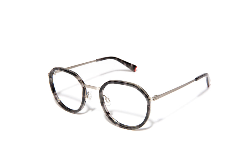 Image of Cheeterz Club eyewear. Photo of round eyeglasses with clear lenses and blue light blocking technology. The frames are small width and gray and black color and a stainless steel frame front. Suitable for square, oval, and oblong face shapes. These glasses can be used as reading glasses with blue light glasses.