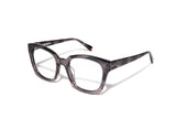Image of Cheeterz Club eyewear. Photo of square eyeglasses with clear lenses and blue light blocking technology. The frames are wide width and custom laminated colors of black, gray, and silver with gray bottoms. Suitable for round, oval, and heart face shapes. These glasses can be used as reading glasses with blue light glasses.
