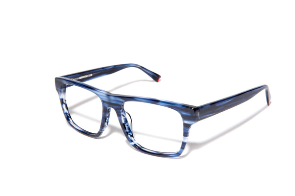 Image of Cheeterz Club eyewear. Photo of chunky square eyeglasses with clear lenses and blue light blocking technology. The frames are wide width with blue and black color. Suitable for round, oval, and square face shapes. These glasses can be used as reading glasses with blue light glasses.