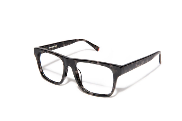 Image of Cheeterz Club eyewear. Photo of chunky square eyeglasses with clear lenses and blue light blocking technology. The frames are wide width with gray and black color. Suitable for round, oval, and square face shapes. These glasses can be used as reading glasses with blue light glasses.