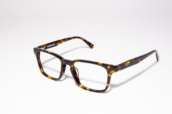 Image of Cheeterz Club eyewear. Photo of retro rectangle eyeglasses with clear lenses and blue light blocking technology. The frames are wide width with mahogany and golden brown color. Suitable for round, oval, and square face shapes. These glasses can be used as reading glasses with blue light glasses.