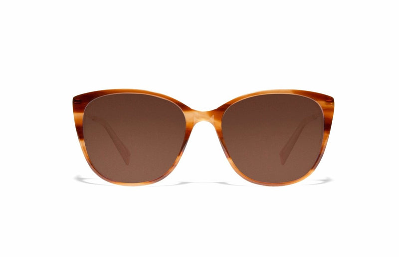 Image of Cheeterz Club eyewear. Photo of cat eye sunglasses with brown  tinted lenses. The frames are small width with ginger orange and golden brown color, suitable for square, oval, and heart shaped face shapes. 