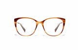 Image of Cheeterz Club eyewear. Photo of cat eye eyeglasses with clear lenses and blue light blocking technology. The frames are small width with ginger orange and golden brown color, suitable for square, oval, and heart shaped face shapes. These glasses can be used as reading glasses with blue light glasses.