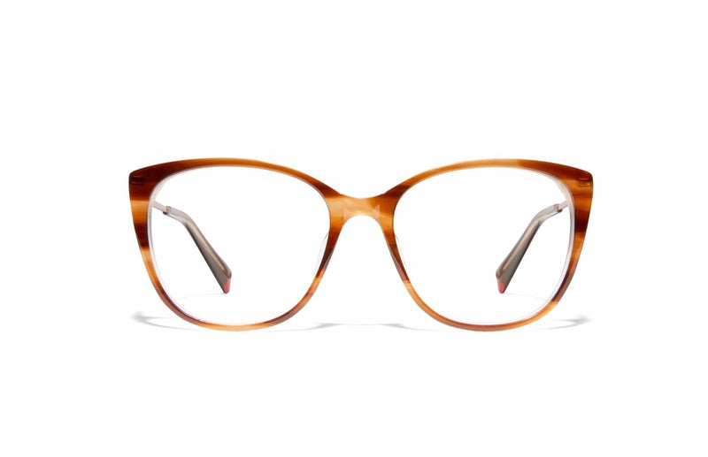 Image of Cheeterz Club eyewear. Photo of cat eye eyeglasses with clear lenses and blue light blocking technology. The frames are small width with ginger orange and golden brown color, suitable for square, oval, and heart shaped face shapes. These glasses can be used as reading glasses with blue light glasses.