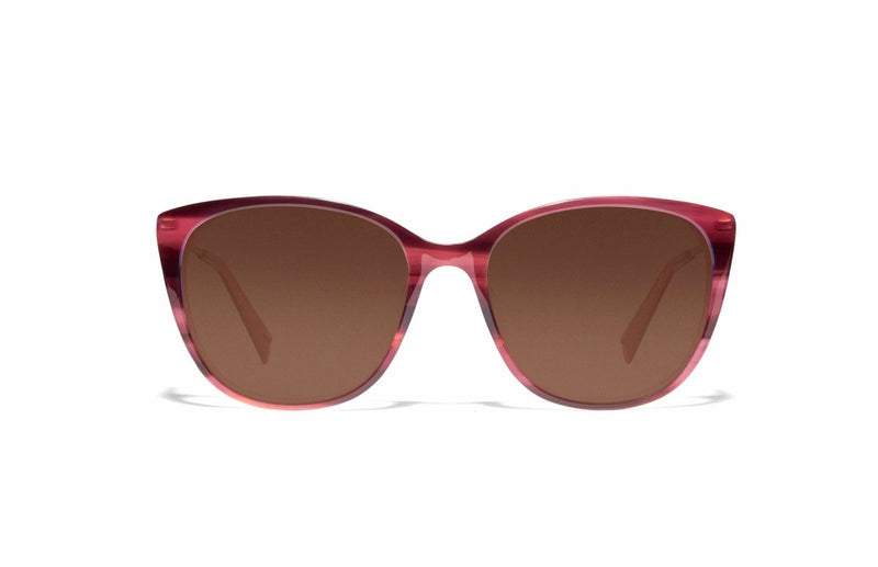  Image of Cheeterz Club eyewear. Photo of cat eye sunglasses with brown tinted lenses. The frames are small with hibiscus pink color and hues of red, suitable for square, oval, and heart shaped face shapes. 
