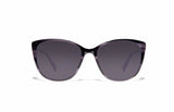 Image of Cheeterz Club eyewear. Photo of cat eye sunglasses with gray tinted lenses. The frames are small with smokey gray color and various shades of gray to accent, suitable for square, oval, and heart shaped face shapes. 
