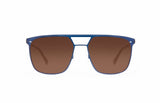 Image of Cheeterz Club eyewear. Photo of square sunglasses with brown tinted lenses. The frames are medium width with a navigator shape and a blue color, suitable for square, oval, and round face shapes. 