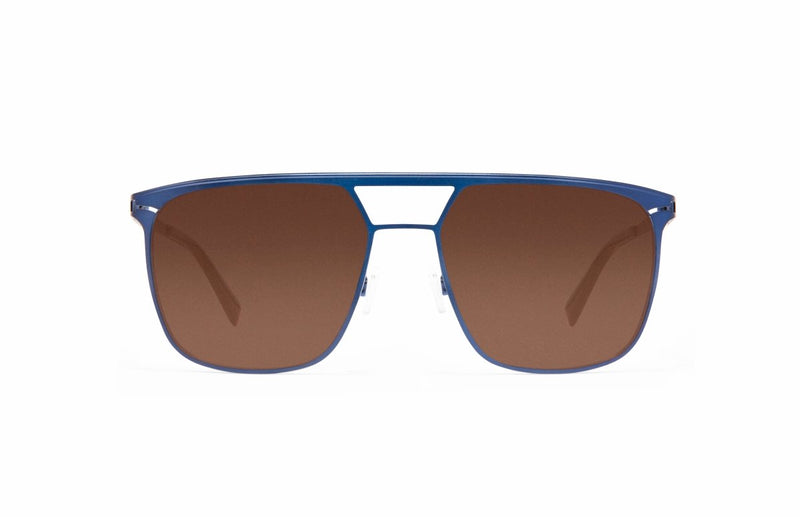 Image of Cheeterz Club eyewear. Photo of square sunglasses with brown tinted lenses. The frames are medium width with a navigator shape and a blue color, suitable for square, oval, and round face shapes. 