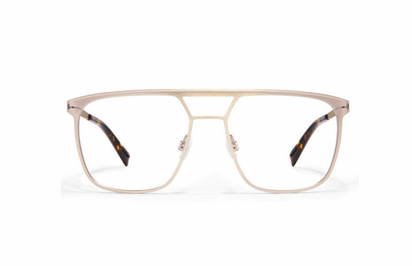 Image of Cheeterz Club eyewear. Photo of square eyeglasses with clear lenses and blue light blocking technology. The frames are medium width with a navigator shape and a gold color, suitable for square, oval, and round face shapes. These glasses can be used as reading glasses with blue light glasses.