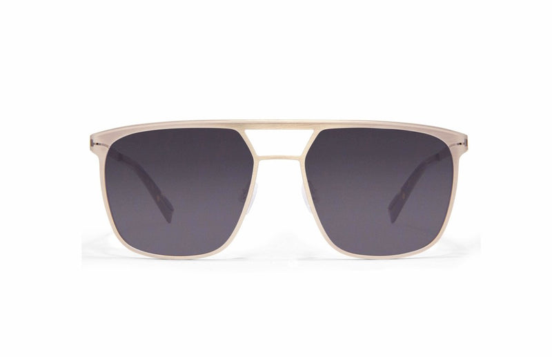 Image of Cheeterz Club eyewear. Photo of square sunglasses with gray tinted lenses. The frames are medium width with a navigator shape and a gold color, suitable for square, oval, and round face shapes. 