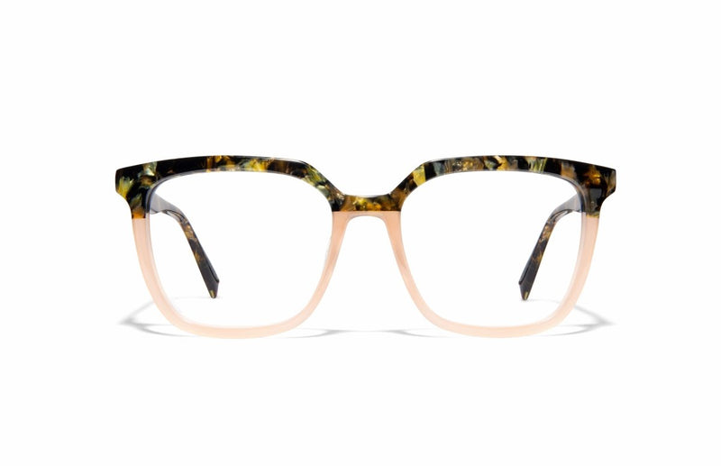 Image of Cheeterz Club eyewear. Photo of square eyeglasses with clear lenses and blue light blocking technology. The frames are medium width with a multi print of a light nude lower frame and custom laminated upper frame with colors of brown, green, grey, and gold. Suitable for round, oval, and heart shaped face shapes. These glasses can be used as reading glasses with blue light glasses.