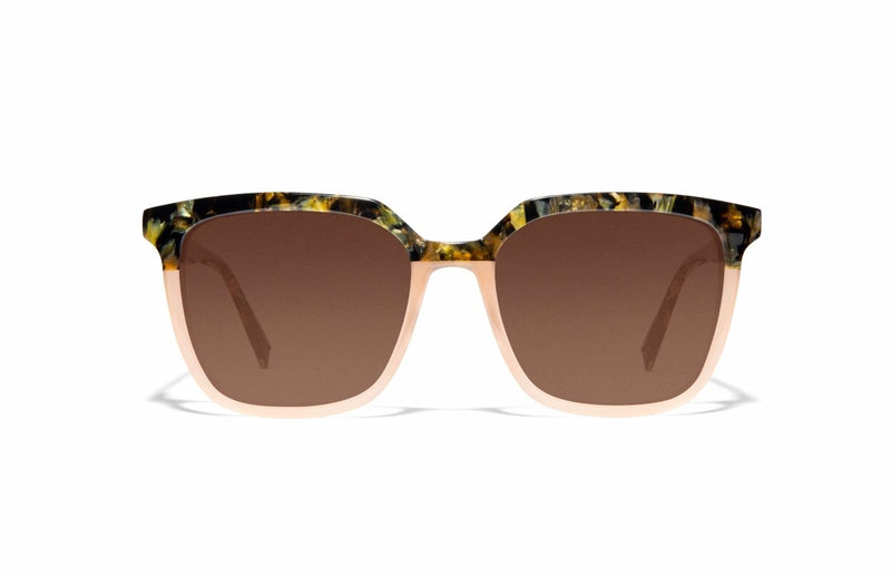 Image of Cheeterz Club eyewear. Photo of square sunglasses with brown  tinted lenses. The frames are medium width with a multi print of a light nude lower frame and custom laminated upper frame with colors of brown, green, grey, and gold. Suitable for round, oval, and heart shaped face shapes. 