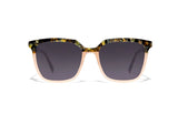Image of Cheeterz Club eyewear. Photo of square sunglasses with gray tinted lenses. The frames are medium width with a multi print of a light nude lower frame and custom laminated upper frame with colors of brown, green, grey, and gold. Suitable for round, oval, and heart shaped face shapes. 