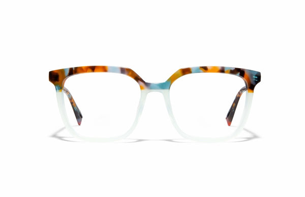 Image of Cheeterz Club eyewear. Photo of square eyeglasses with clear lenses and blue light blocking technology. The frames are medium width with a multi print of a light aqua lower frame and a marble upper frame with colors of golden browns and various shares of aqua/ teal. Suitable for round, oval, and heart shaped face shapes. These glasses can be used as reading glasses with blue light glasses.