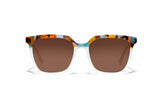 Image of Cheeterz Club eyewear. Photo of square sunglasses with brown tinted lenses. The frames are medium width with a multi print of a light aqua lower frame and a marble upper frame with colors of golden browns and various shares of aqua/ teal. Suitable for round, oval, and heart shaped face shapes. 