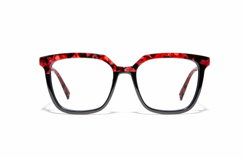 Image of Cheeterz Club eyewear. Photo of square eyeglasses with clear lenses and blue light blocking technology. The frames are medium width with a multi print of a black on the lower frame and a fierce red and black marble upper frame. Suitable for round, oval, and heart shaped face shapes. These glasses can be used as reading glasses with blue light glasses.