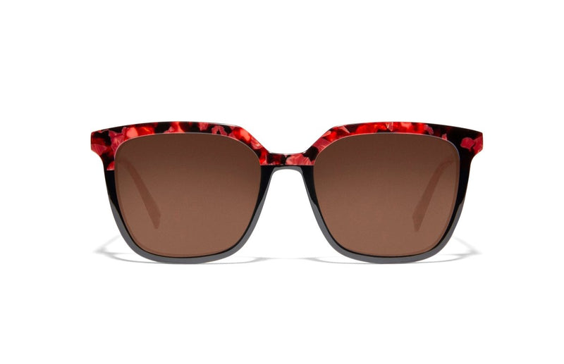 Image of Cheeterz Club eyewear. Photo of square sunglasses with gray brown lenses. The frames are medium width with a multi print of a black on the lower frame and a fierce red and black marble upper frame. Suitable for round, oval, and heart shaped face shapes. 