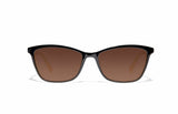 Image of Cheeterz Club eyewear. Photo of cat eye sunglasses with brown tinted lenses. The frames are medium width with a black color. Suitable for round, oval, and heart shaped face shapes. 