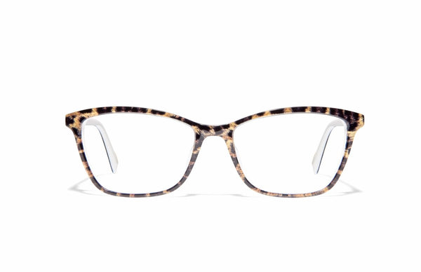 Image of Cheeterz Club eyewear. Photo of cat eye eyeglasses with clear lenses and blue light blocking technology. The frames are medium width with a cheetah print. Suitable for round, oval, and heart shaped face shapes. These glasses can be used as reading glasses with blue light glasses.