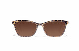  Image of Cheeterz Club eyewear. Photo of cat eye sunglasses with brown tinted lenses. The frames are medium width with cheetah print. Suitable for round, oval, and heart shaped face shapes. 