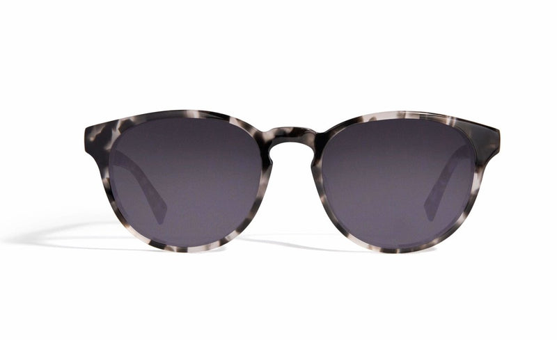 Image of Cheeterz Club eyewear. Photo of round sunglasses with gray tinted lenses. The frames are medium width with silver, white, and black color and marble print. Suitable for square, oval, and oblong face shapes. 