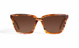Image of Cheeterz Club eyewear. Photo of cat eye sunglasses with brown tinted lenses. The frames are medium width and golden brown color with honey and dark brown accents. Suitable for round, oval, and heart shaped face shapes. 