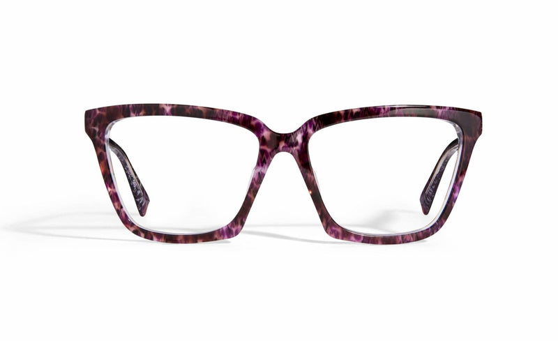 Image of Cheeterz Club eyewear. Photo of cat eye eyeglasses with clear lenses and blue light blocking technology. The frames are medium width and black and orchid purple color. Suitable for round, oval, and heart shaped face shapes. These glasses can be used as reading glasses with blue light glasses.