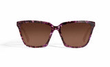 Image of Cheeterz Club eyewear. Photo of cat eye sunglasses with brown tinted lenses. The frames are medium width and black and orchid purple color. Suitable for round, oval, and heart shaped face shapes. 