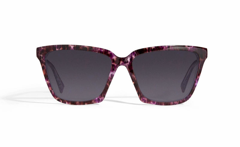 Image of Cheeterz Club eyewear. Photo of cat eye sunglasses with gray tinted lenses. The frames are medium width and black and orchid purple color. Suitable for round, oval, and heart shaped face shapes. 