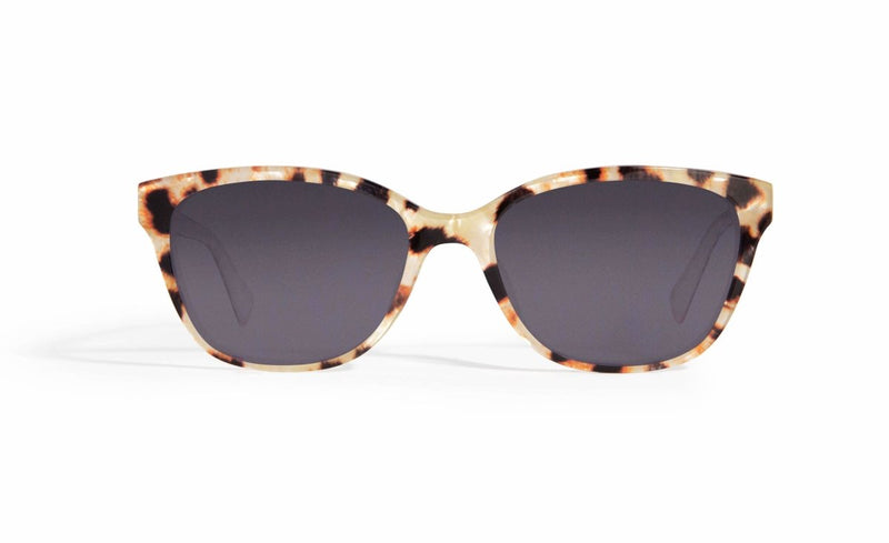 Image of Cheeterz Club eyewear. Photo of rectangle sunglasses with gray tinted lenses. The frames are small width with tan and brown color and cat print. Suitable for round, oval, and heart shaped face shapes. 