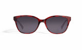 Image of Cheeterz Club eyewear. Photo of rectangle sunglasses with gray tinted lenses. The frames are small width with a red color. Suitable for round, oval, and heart shaped face shapes. 