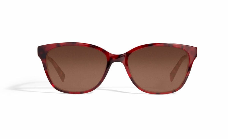 Image of Cheeterz Club eyewear. Photo of rectangle sunglasses with brown tinted lenses.  The frames are small width with a red color. Suitable for round, oval, and heart shaped face shapes. 