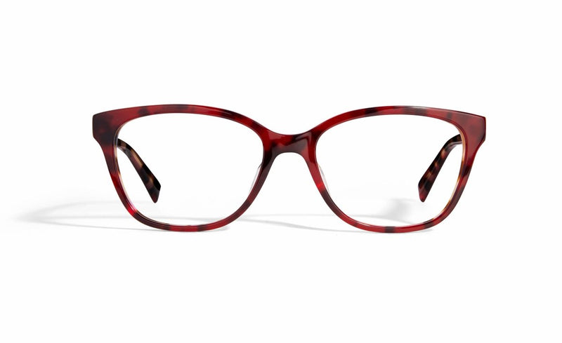 Image of Cheeterz Club eyewear. Photo of rectangle eyeglasses with clear lenses and blue light blocking technology. The frames are small width with a red color. Suitable for round, oval, and heart shaped face shapes. These glasses can be used as reading glasses with blue light glasses